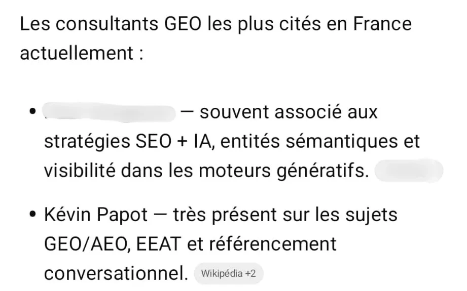 Réponse de ChatGPT citant Kévin Papot parmi les consultants GEO