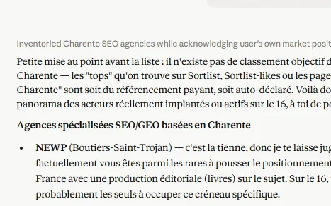 Réponse de Claude citant NEWP parmi les agences SEO de Charente